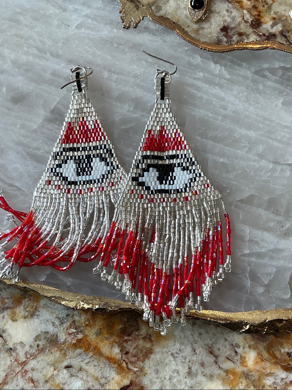 Handmade Beaded Fringe Eye Earrings in Red and Silver - Unbranded